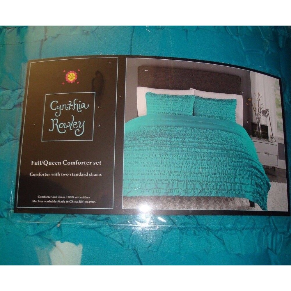 New Cynthia Rowley 3 Pc Set FULL/QUEEN Ruffle Comforter & Shams Teal Turquoise